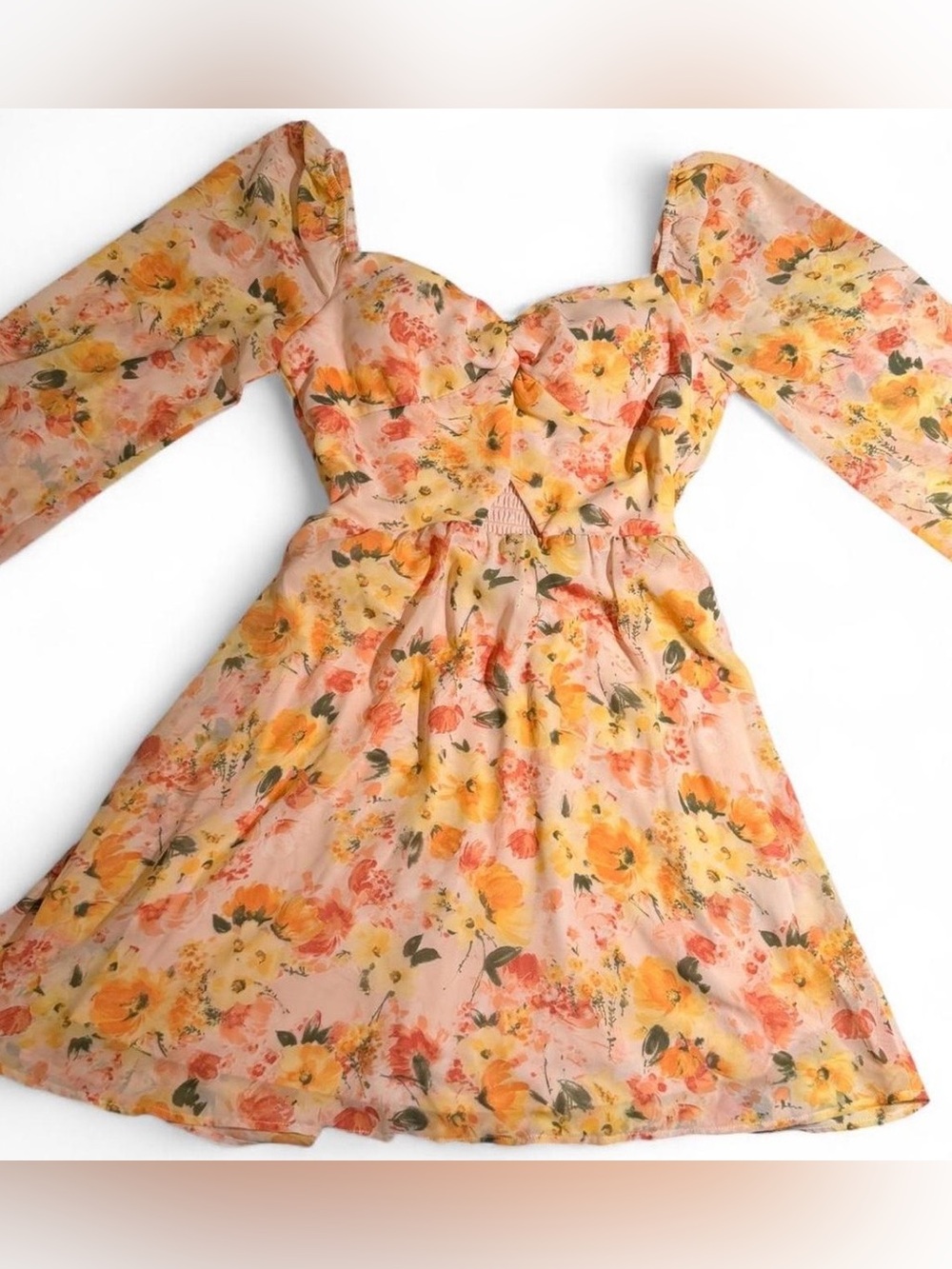 BCX Peach Floral Puff-Sleeve Dress